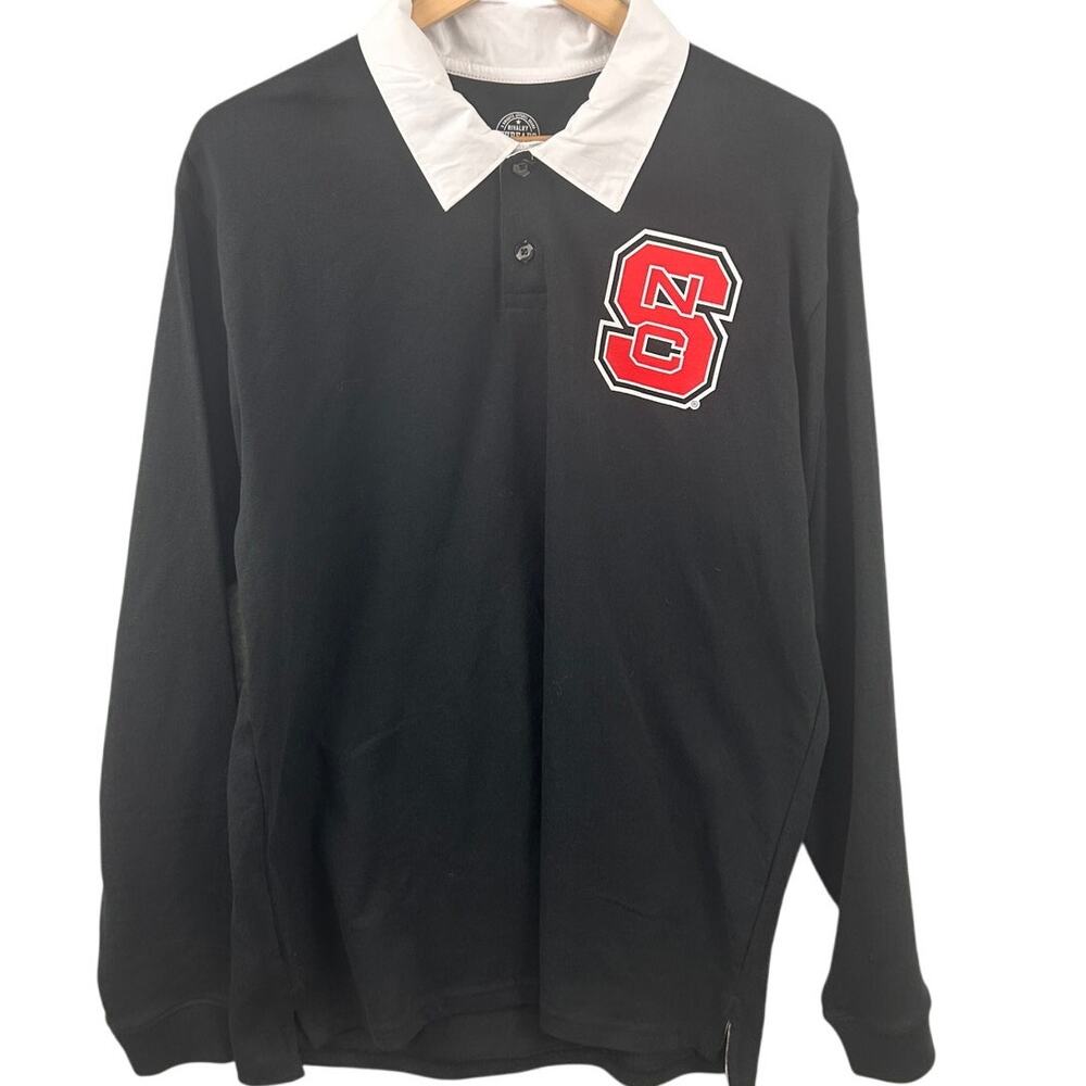 NC State Wolfpack‎ Rugby Polo Shirt Black White Collar Long Sleeve Men's Large